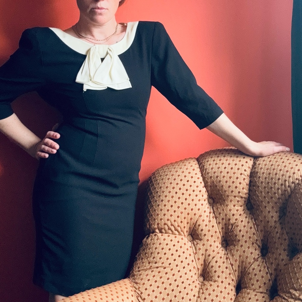 Rare Vintage Bugardi 60s Elegant Black Dress with Cream Bow